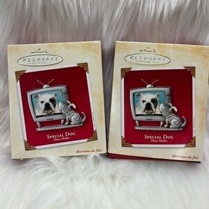 Lot of 2 NEW HALLMARK KEEPSAKE Christmas dog frame ornaments 2003 metal